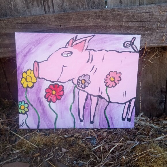 Pig In Flowers Folk Art Painting - Picture 11 of 15